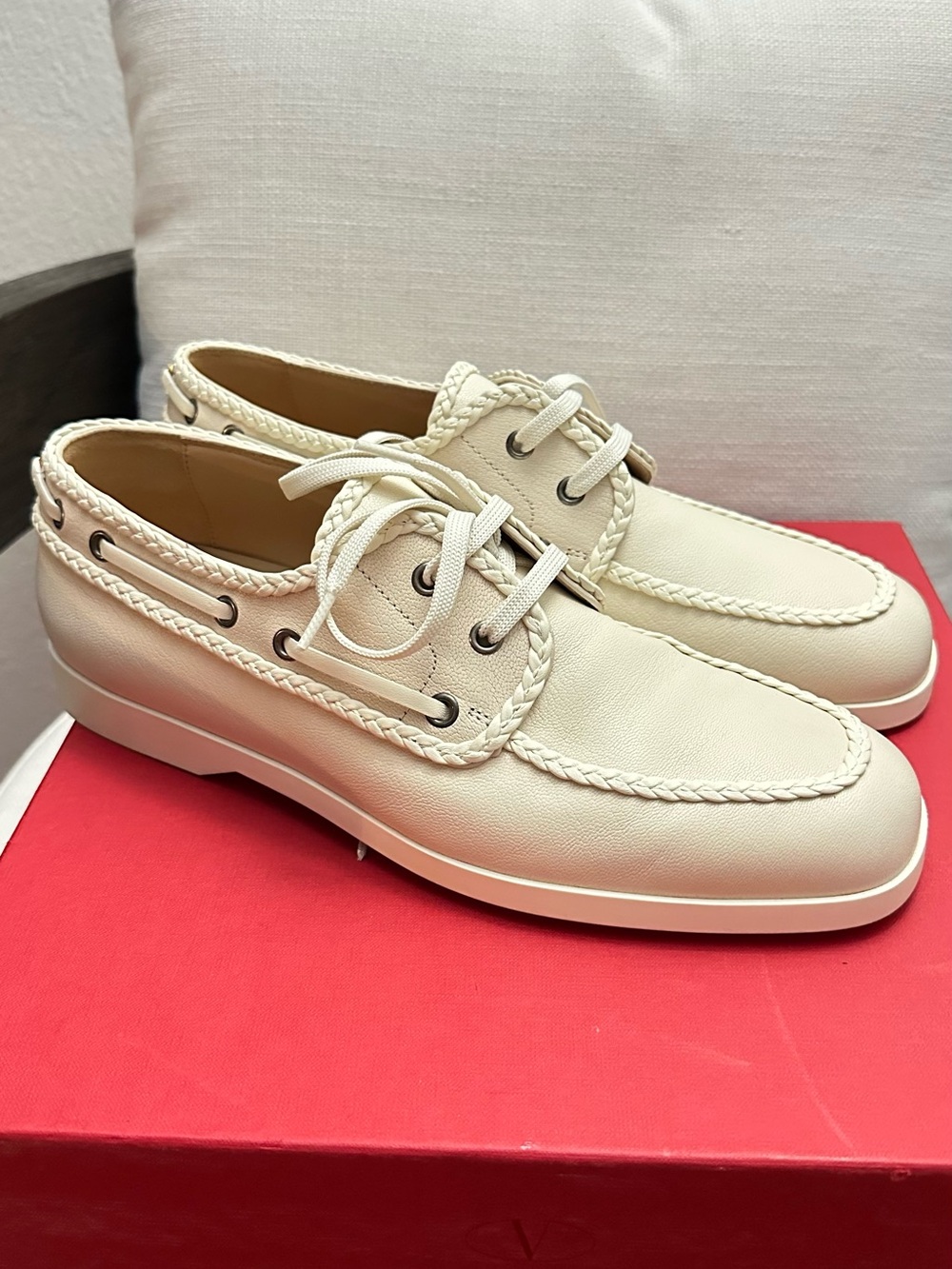 Valentino Garavani Cream Braided Leather Boat Shoes